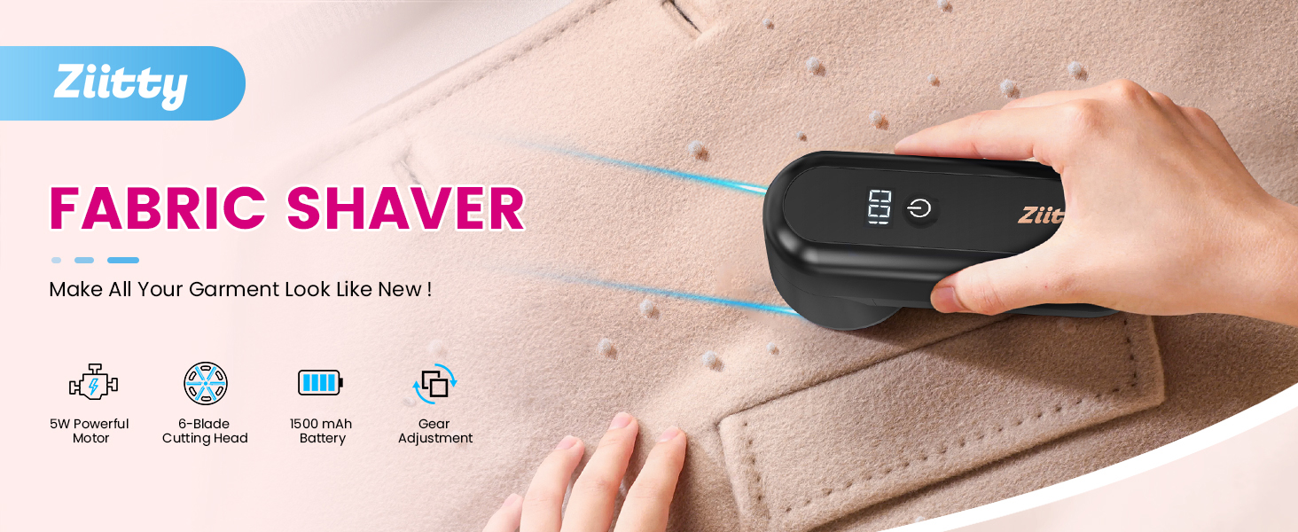 Ziltgy fabric shaver being used on beige fabric. Device features quick charge, multiple cutting heads, and USB charging. Icons show 60-minute runtime and 5 cutting heights.
