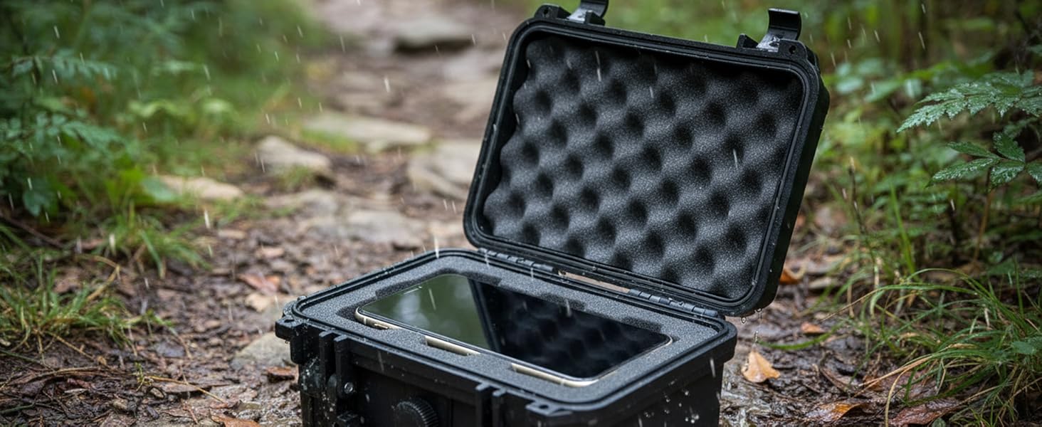 Series of images showing black protective hard case with foam padding interior, photographed in outdoor settings on forest ground.