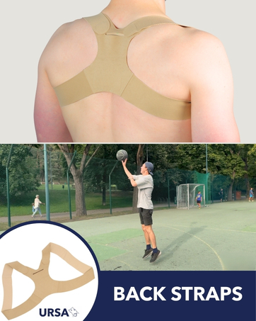 Series of athletic movement shots outdoors on basketball court. Text reads 'BACK STRAPS' and 'URSA' visible in bottom corner.