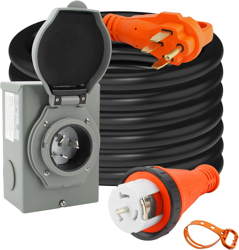 50 Amp Generator Cord 25FT and 50 Amp Power Inlet Box for Home, NEMA 14-50P SS2-50R STW 6/3+8/1 AWG Generator Cable and NEMA SS2-50P Pre-Drilled Inlet Box for Generator to House, ETL Listed