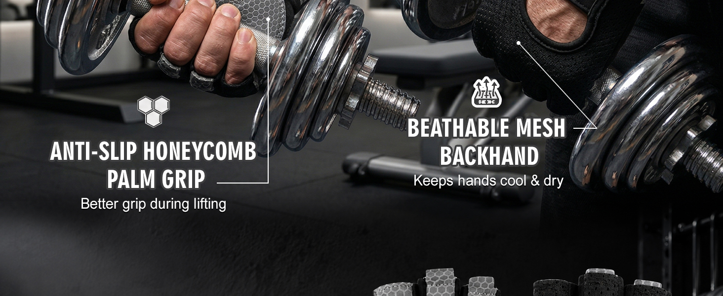 Text reads 'ANTI-SLIP HONEYCOMB PALM GRIP' and 'BREATHABLE MESH BACKHAND.' Close-up of black work gloves showing textured palm grip pattern and mesh backhand ventilation details.