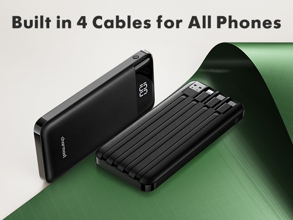 Two portable power banks with built-in cables. One black rectangular device and one ribbed black device shown on green background. Text indicates 4 cable compatibility.