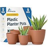 Terracotta Plant Pots with Drainage Holes &amp; Saucers 5 Pack, Indoor &amp; Outdoor Stackable Space-Savi...