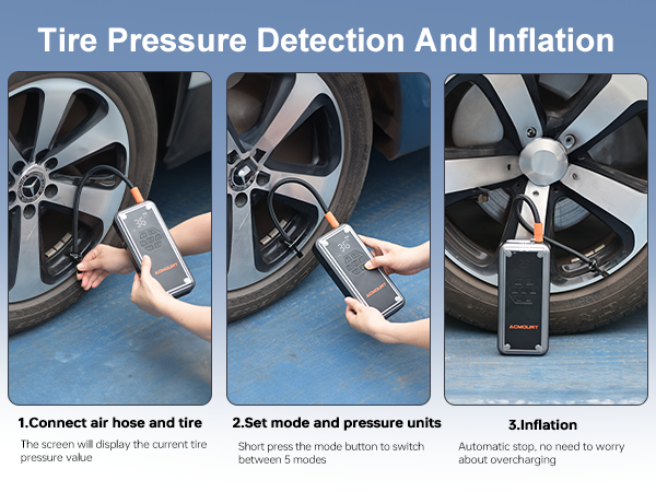 Portable tire pressure and inflation device demonstrated in three steps: connecting air hose, setting mode and pressure, and inflating tire. Device features digital display and multiple operating modes.