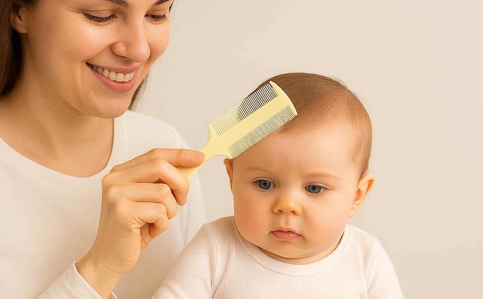 Three-pack of sleek baby fine-tooth combs with dual-sided teeth, held in hand to show size and grip