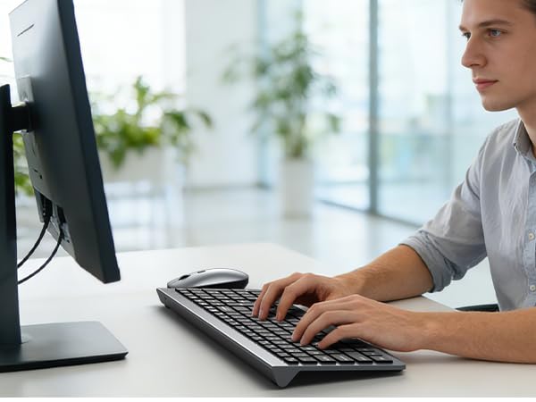 Wireless Keyboard and Mouse Combo, Ultra-Slim Full Size Silent Ergonomic Keyboard Mouse