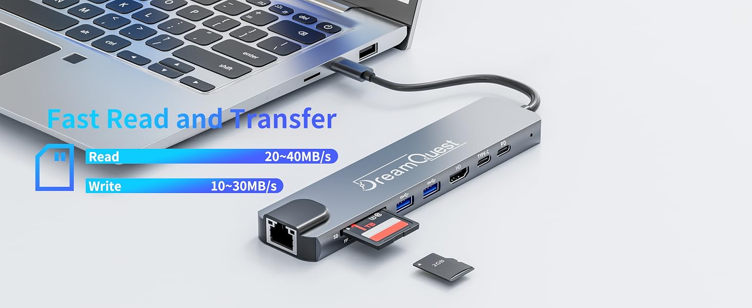 Text reads 'Fast Read and Transfer' with 'USB 3.1 Gen 1' indicator. Gray multi-port USB hub docking station with multiple connector ports displayed against white background.