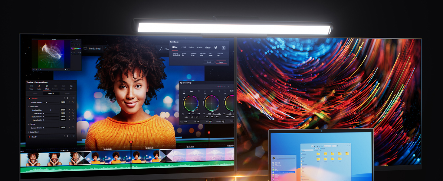 Dual monitor setup showing video editing software interface with colorful timeline and media playback windows.