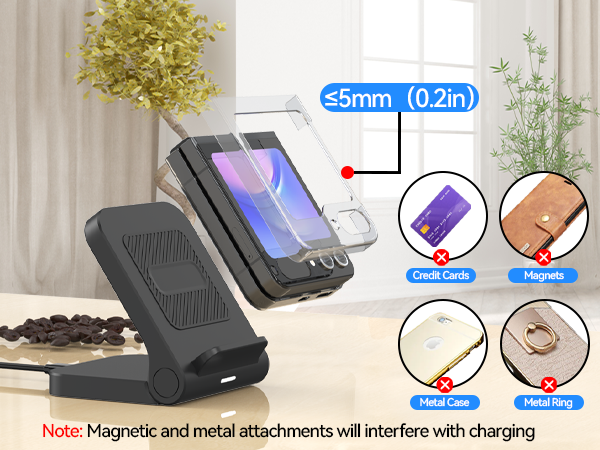 Wireless charging stand with multiple phones stacked, showing 5mm clearance. Inset images display credit cards, magnets, metal case, and ring, with a note about charging interference.