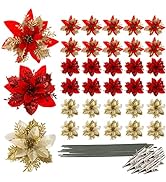 Frcctre 30 Pack 5 Inches Christmas Glitter Poinsettia Flowers, Glitter Christmas Artificial Flowe...