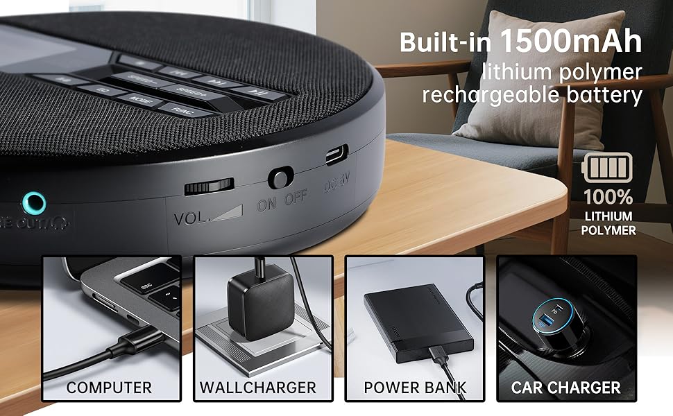 rechargeable battery long playing time usb charging portable music travel audio device