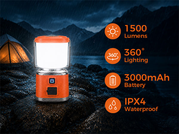 1500LM 360° Lighting IPX4 Waterproof LED Rechargeable Camping Lantern