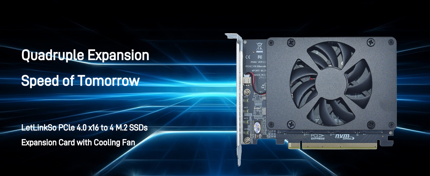 LetLinkSo Gen4 PCIe 4.0 x16 M.2 Expansion Adapter Card 4 Ports NVMe SSDs M Key with Brushless Fan