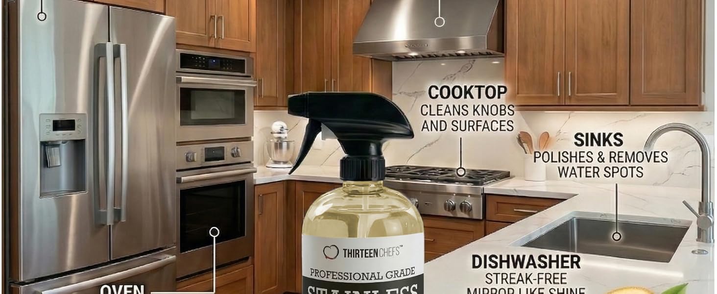 Cleans cooktop, sinks, ovens, dishwasher facades and other stainless steel fixtures