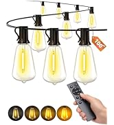 VOZUJI Outdoor Patio String Lights: 100Ft 30M Outside Waterproof Light - Remote Dimmable ST38 Sha...
