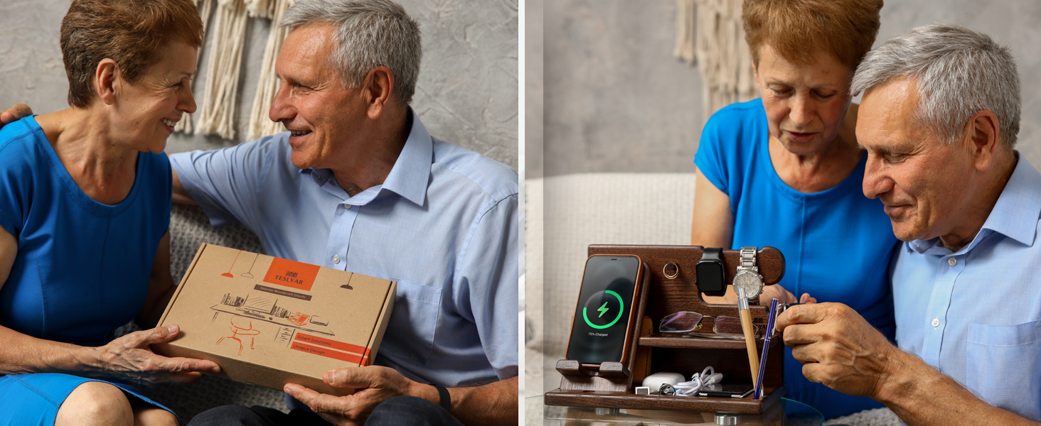 Split image showing two people examining vintage items: a package delivery on left, and an antique camera on right.