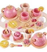 BUYGER Pretend Play Princess Tea Party Set for 3 4 5 6 + Year Old Wooden Kitchen Play Food Access...