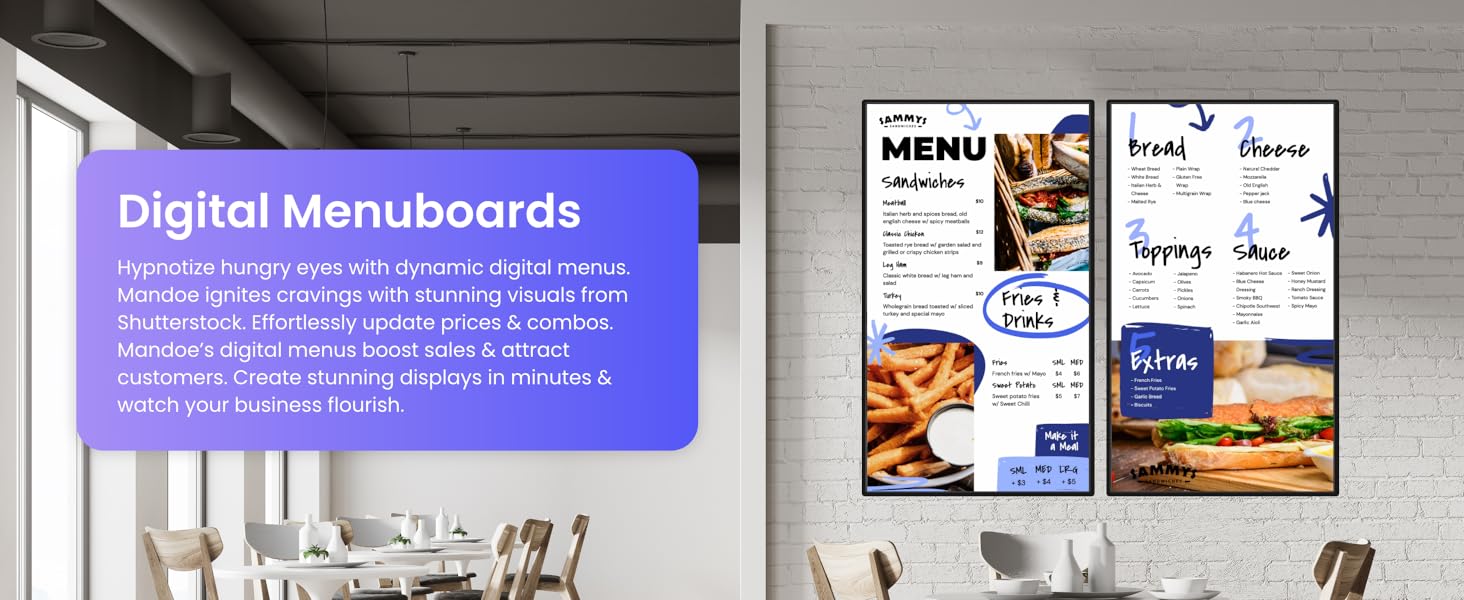 A restaurant owner remotely updating menu board content using Mandoe’s cloud-based signage dashboard