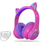 Pink and purple cat-ear headphones with LED lights. Over-ear design with cushioned earcups. Includes small white cat-shaped carrying case with strap.