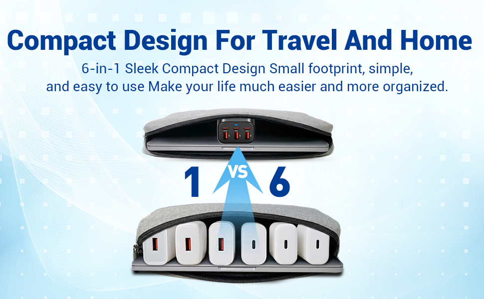 6 ports USB C charging hub is with compact design for travel and home