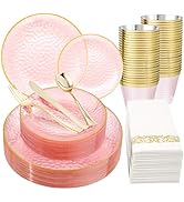 Rubtlamp 175 Pcs Pink Plastic Plates Dinnerware Set (25 Guests), Pink Disposable Plates With Gold...