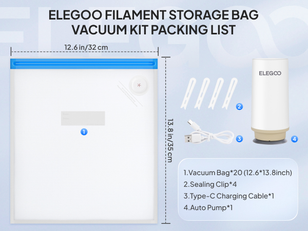 ELEGOO FILAMENT STORAGE BAG VACUUM KIT PACKING LIST