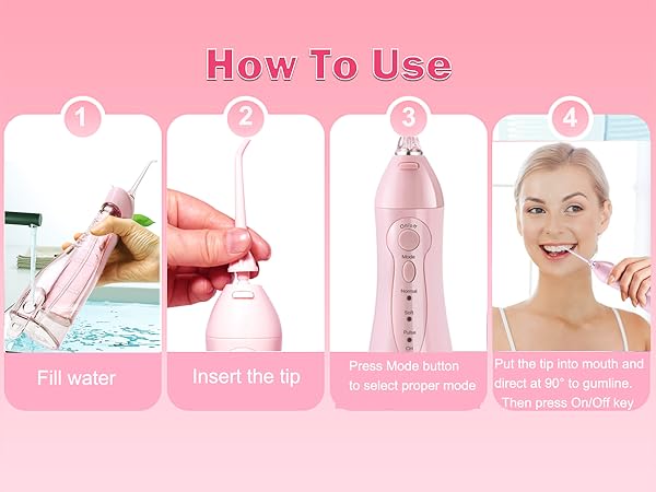 The correct steps to use the electric water flosser, it will help you keep oral and teeth health