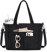 Prite Corduroy Tote Bag for Women, 21L Work Tote with 15.6" Laptop Sleeve, 12 Pockets &amp; Cup Holde...