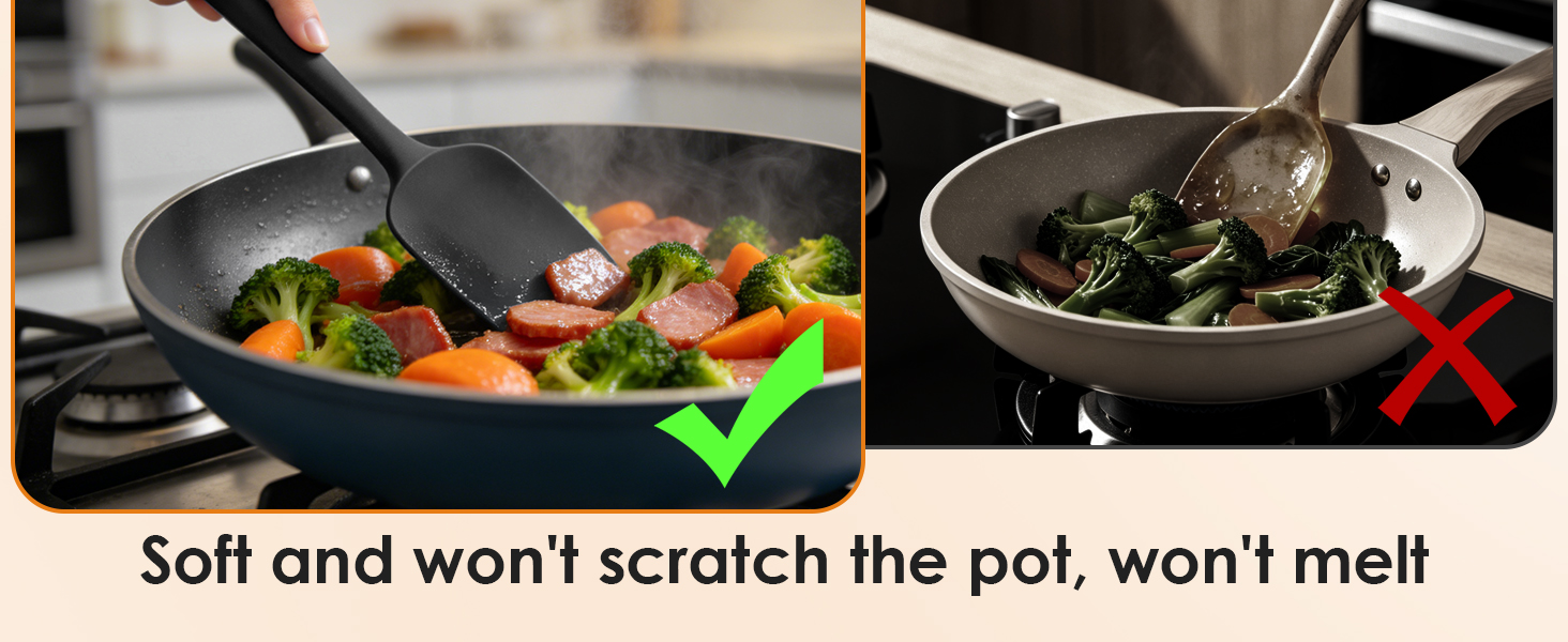 Silicone spatula stirs food without scratching non-stick pans, safe vs metal utensils