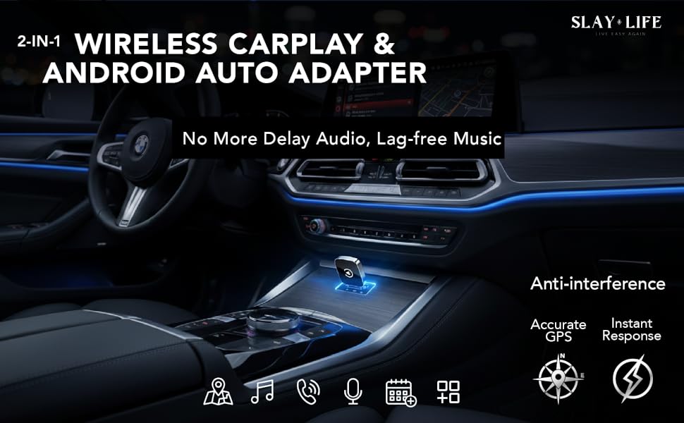 2-in-1 Wireless Carplay &amp;amp; Android Auto ADAPTER ,No more Delay Audio, Lag-free Music