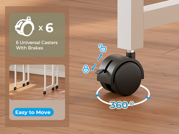 Product features showing '6 Universal Casters', '360°' rotation capability, and 'Easy to Move' text. Demonstrates mobility features of exercise equipment with wheel attachments.