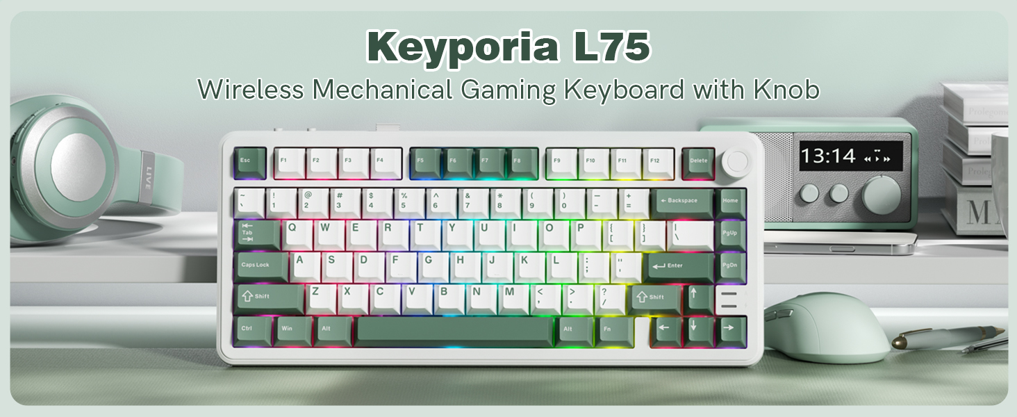 Keyporia L75 wireless mechanical gaming keyboard with RGB backlighting and a control knob