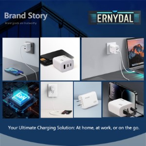 A lifestyle collage showing Ernydal charger in use at home, at work, and while traveling.