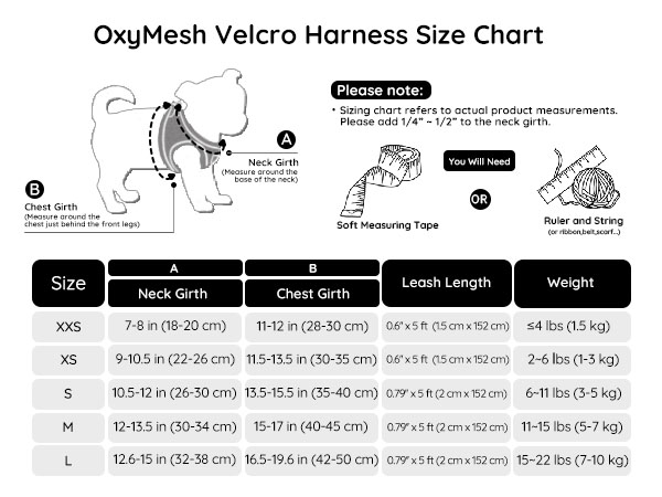 Size chart for OxyMesh Velcro dog harness. Displays measurements for different sizes, including neck girth, chest girth, leash length, and weight ranges.