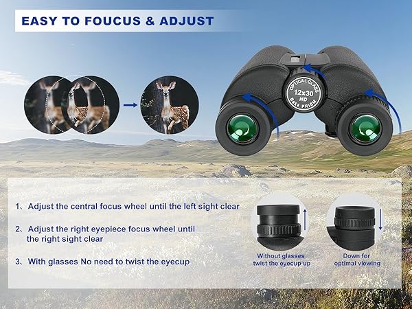 12X30 Center Focus Zoom Binocular with Swivel-up eyepiece Cover Binocular with Glasses