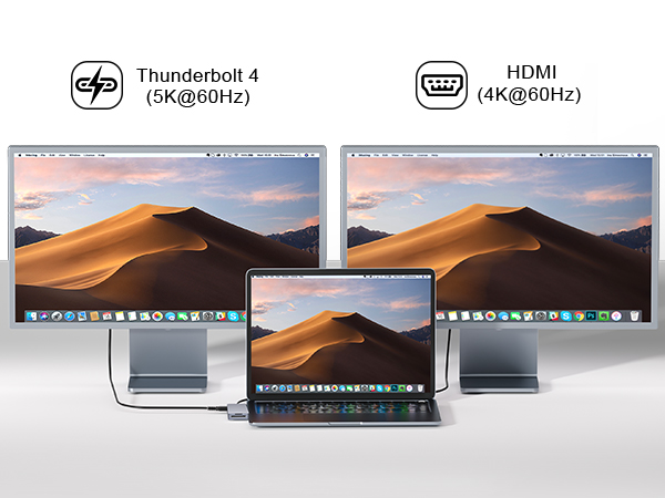 Text reads 'Thunderbolt 4' and 'HDMI (expanding)'. Multiple views of a laptop display showing a desert landscape wallpaper against white background.