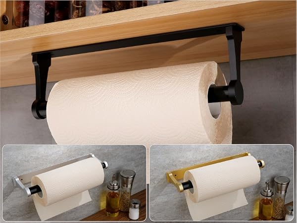 Under-cabinet mounted paper towel holder in black finish with white paper roll. Bottom panels show two mounting style variations with gold accents.