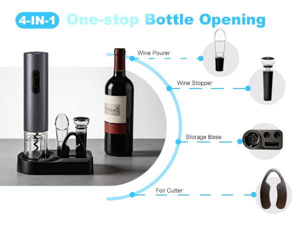 4-in-1 one-stop bottle opening with wine pourer, wine stopper, foil cutter and storage base