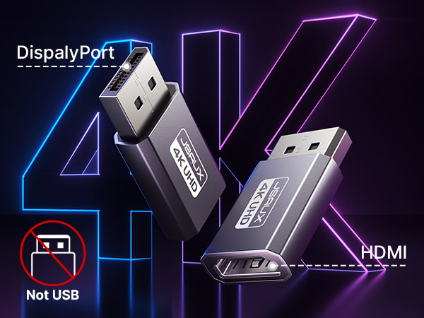 DispalyPort to HDMI adapter shown in black casing with blue and purple neon lighting effects. Features USB-style connector and HDMI output port.