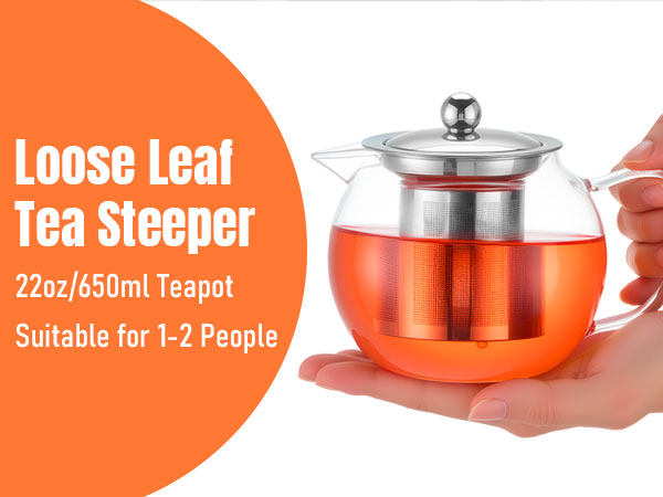 Glass Teapot Stovetop 22 OZ/650ml, Tea pot with Removable 18/8 Stainless Steel Infuser