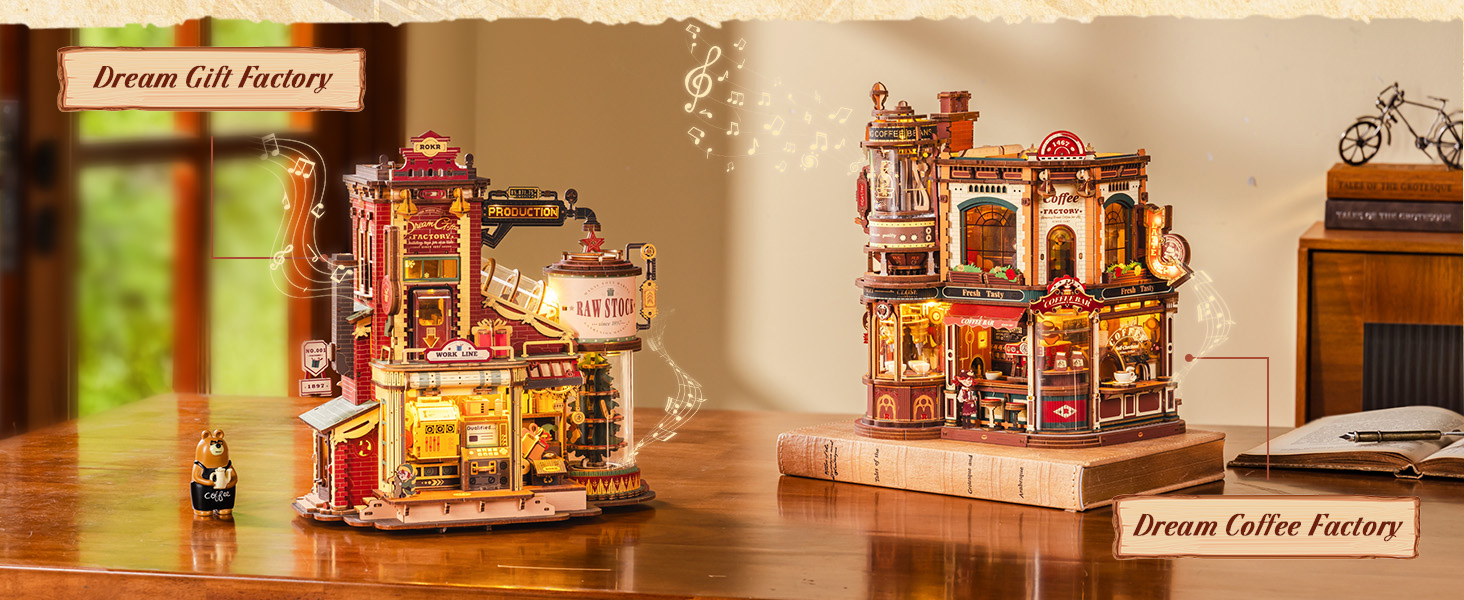 ROKR Coffee Factory Music Box, 3D Puzzle with LED Nightlight for Adults