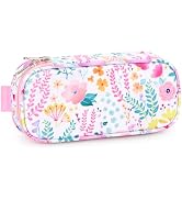mibasies Girls Pencil Case for Kids, Multi-Slot Pencil Pouch, Flower Pink White