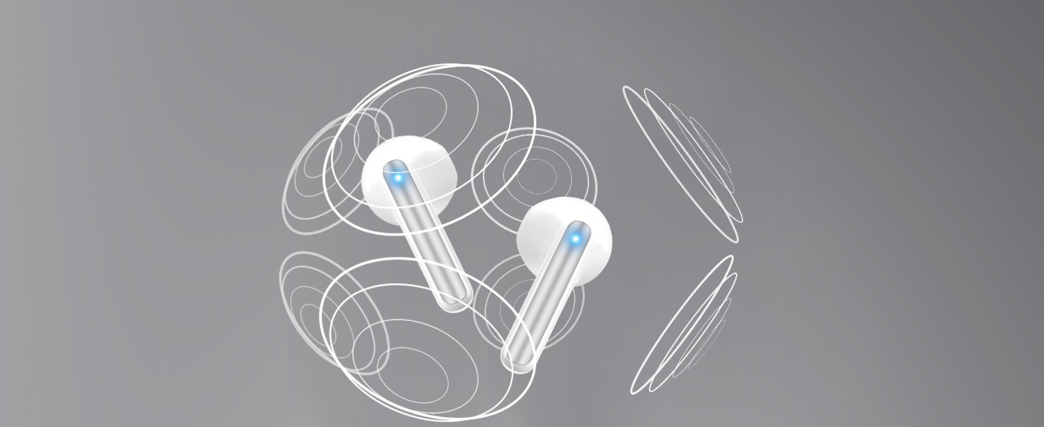 Stylized wireframe illustration of wireless earbuds with charging case. White outlines on gray background show earbud shape and case's circular design.