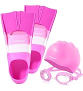 Odoland Swim fins Set with Swim Goggles and Swim Cap, Pink, XXXS