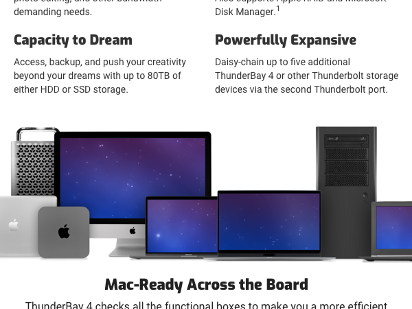 ThunderBay 4 Thunderbolt 3 RAID 2 4 5 10 SOFTRAID EXTERNAL STORAGE SOLUTION SSD HDD 2.5” 3.5”