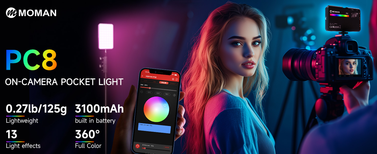 Compact on-camera pocket light for photography. Features RGB lighting, 3100mAh battery, 13 effects, and 360-degree rotation. Weighs 125g with 0.27lb capacity.