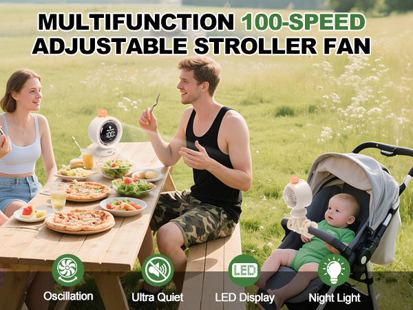Multifunction 100-Speed Adjustable Stroller Fan