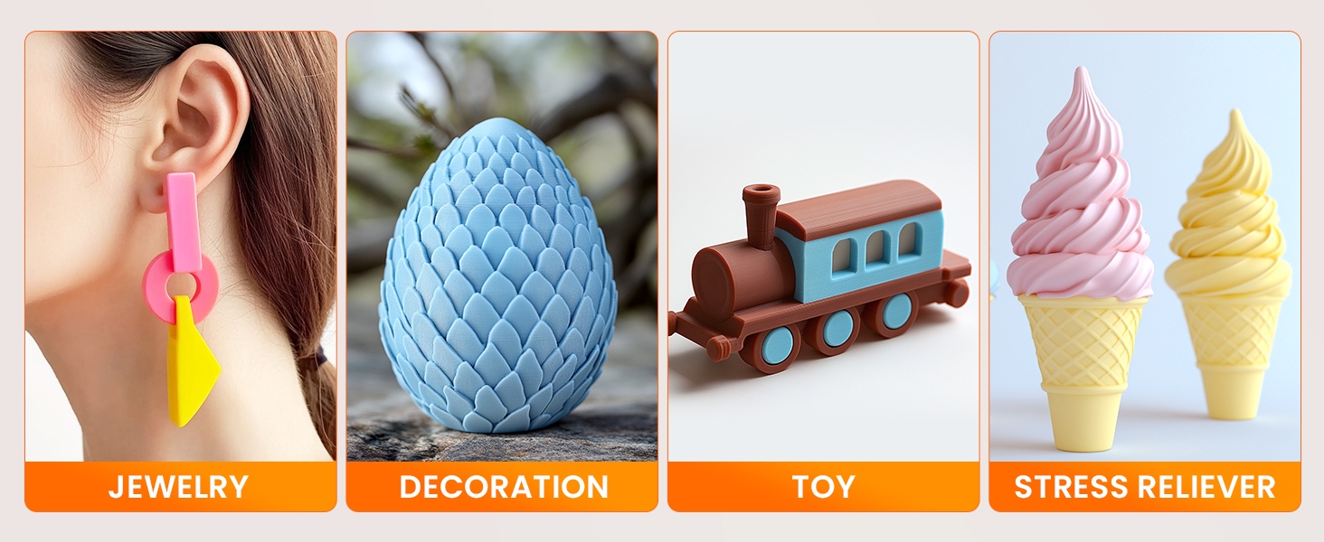 Four product images with labels: colorful earrings, blue textured egg decoration, wooden toy train, and pastel ice cream cones.