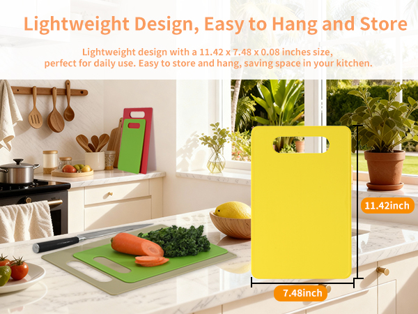 Lightweight plastic cutting board with handle, easy to hang, store, and save space in the kitchen