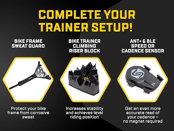 Available sweat guard, riser block and cadence sensor.